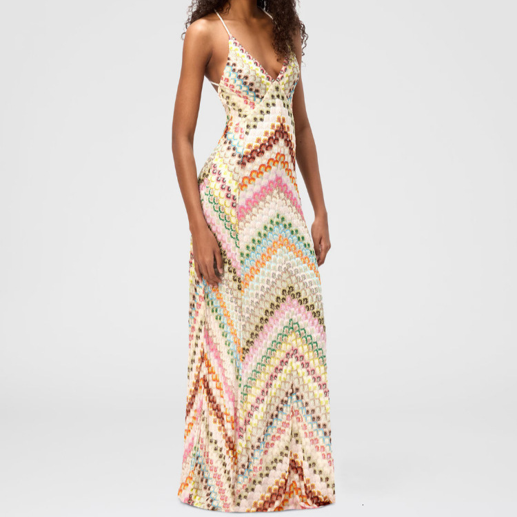 2025 European and American cross-border new foreign trade spliced long gown, lace strap dress, hand-knitted