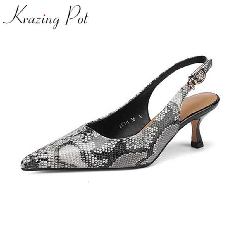 Krazing Pot Genuine Leather Snake Patterns Big Size 42 High Heels Pointed Toe Summer Shoes Slingback Straps Women Pumps C260321