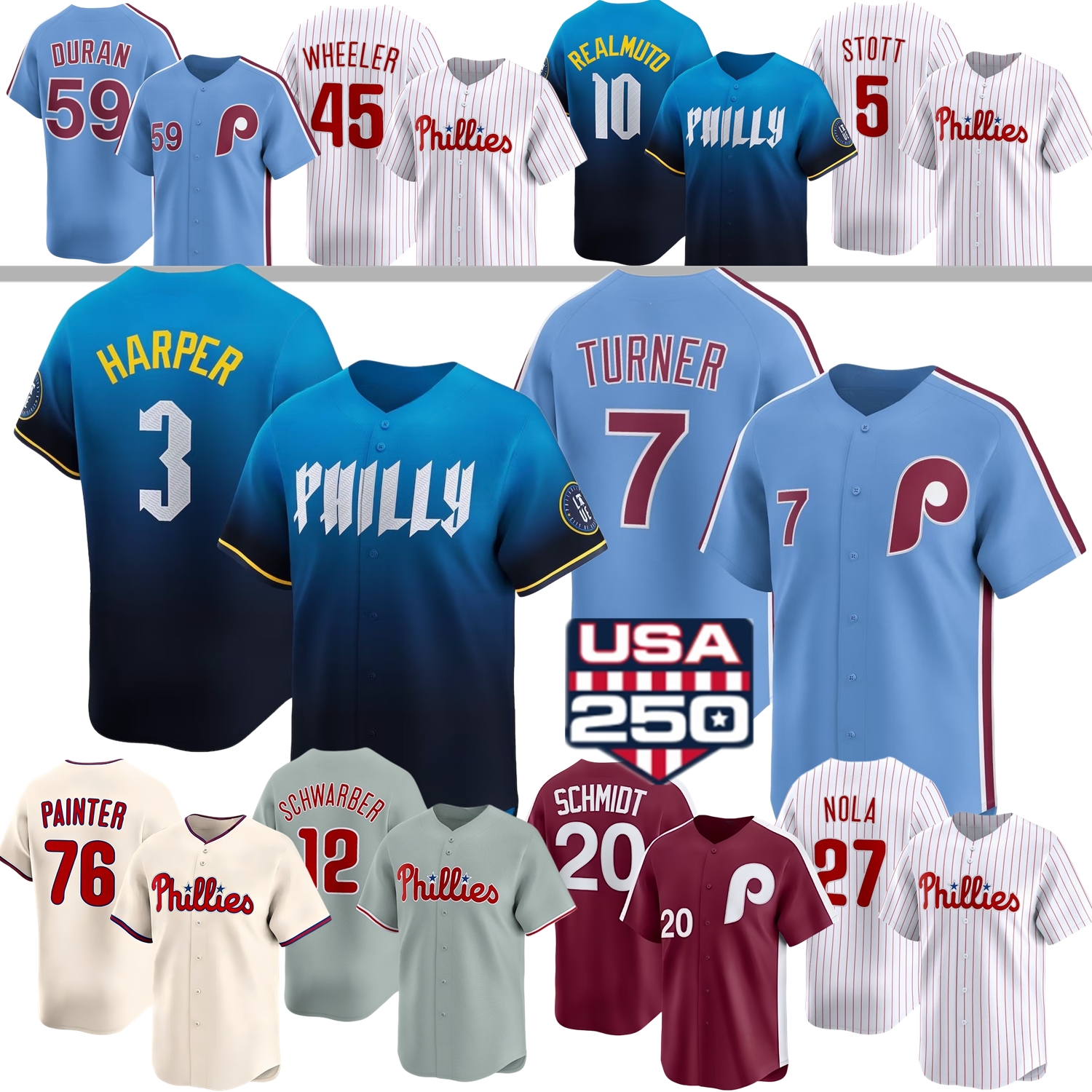 Philadelphia PhilliesS Baseball Jersey Bryce Harper Andrew Painter Trea Turner J. T. Realmuto Aidan Miller Kyle Schwarber Adolis Garcia Zack Wheeler Crawford Duran