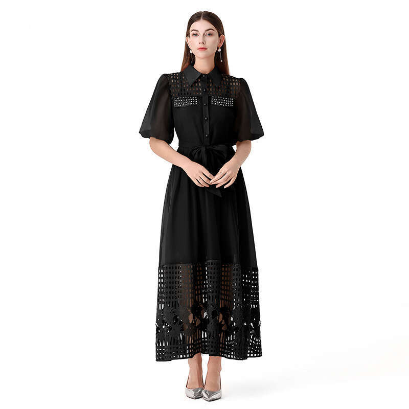 Spring/Summer Designer French Women's Collar Single breasted A14 Hollow Beaded Lace Splicing Long Belt Fairy Skirt