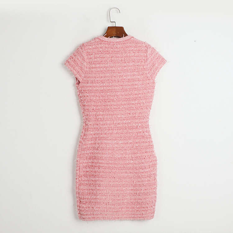 Designer women's elegant and k30 exquisite socialite tweed with metal buttons round neck mid length knitted dress