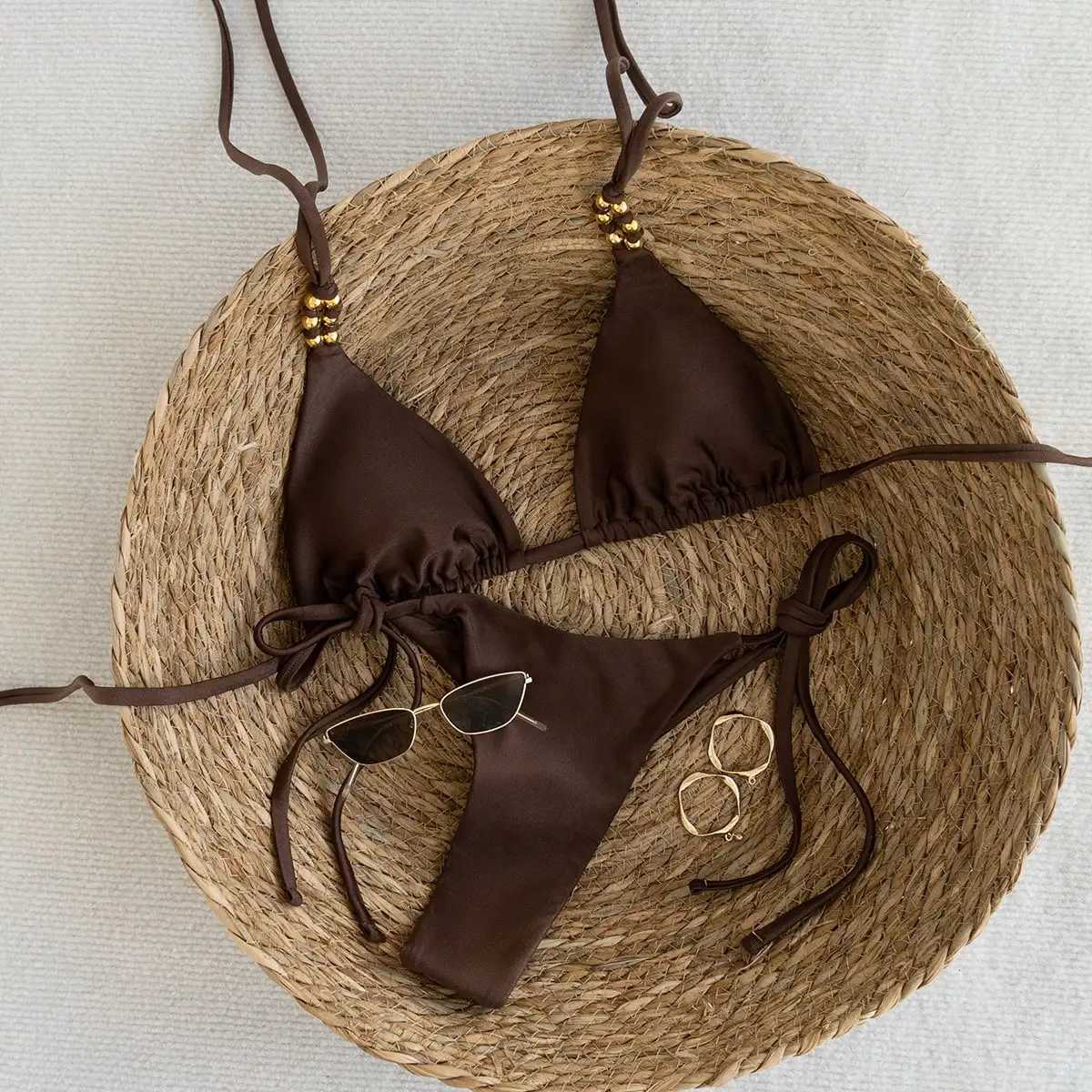 Brown Elegance - Metal Beaded Triangle Bikini Swimsuit M260321