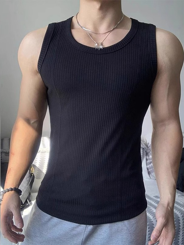 White Coarse Thread Tank Top Mens Summer Slim Fit Muscle-Enhancing Sleeveless T-Shirt American Style Fitness Sports Undershirt