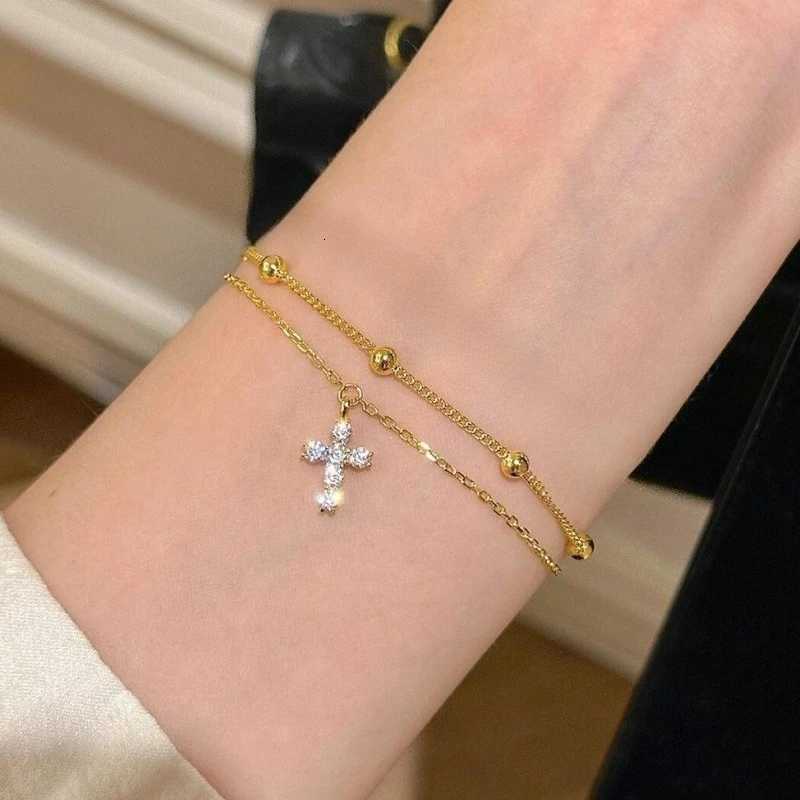 Fashionable Gold Color Womens Cross Chain for Girls Shining with Zircon Inlay Double-layer Adjustable Charm H260321 - view 3