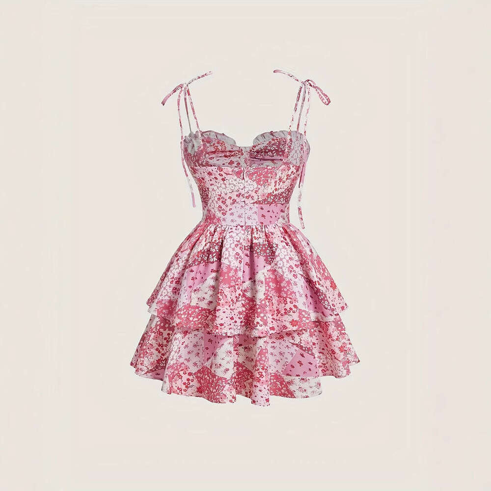 Designer's new European and American women's flower cake retro pink double-layer hem dress with a small k30 fragrant style