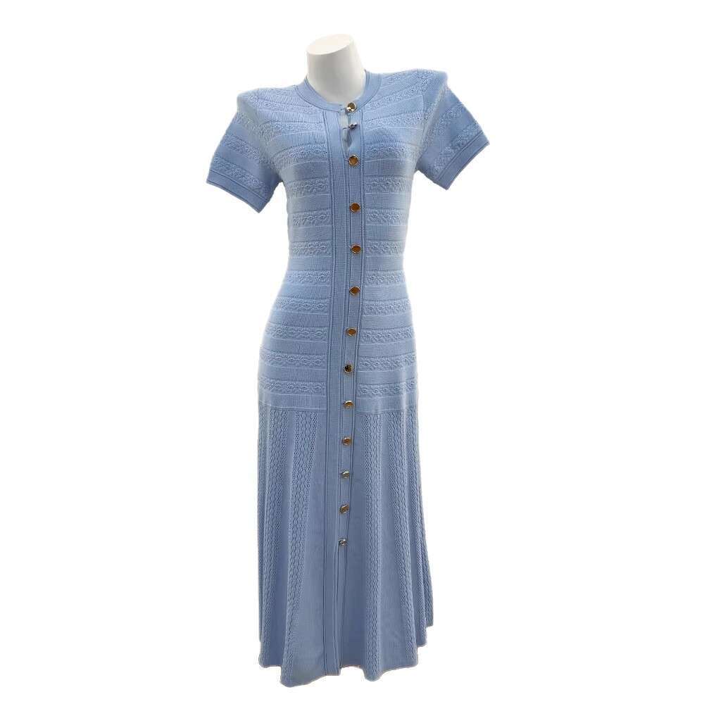 2026 Spring New French Heavy duty Craft Hollow Crochet Single breasted Elegant Slimming Wrinkle Long Knitted Dress