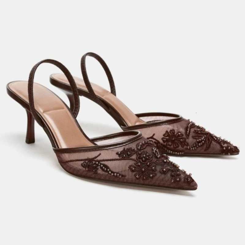 Sexy Pointed Toe Mesh Embroider High Heels for ladies Elegant String Bead pumps Summer Designer Shoe Brown Heeled Sandals C260321