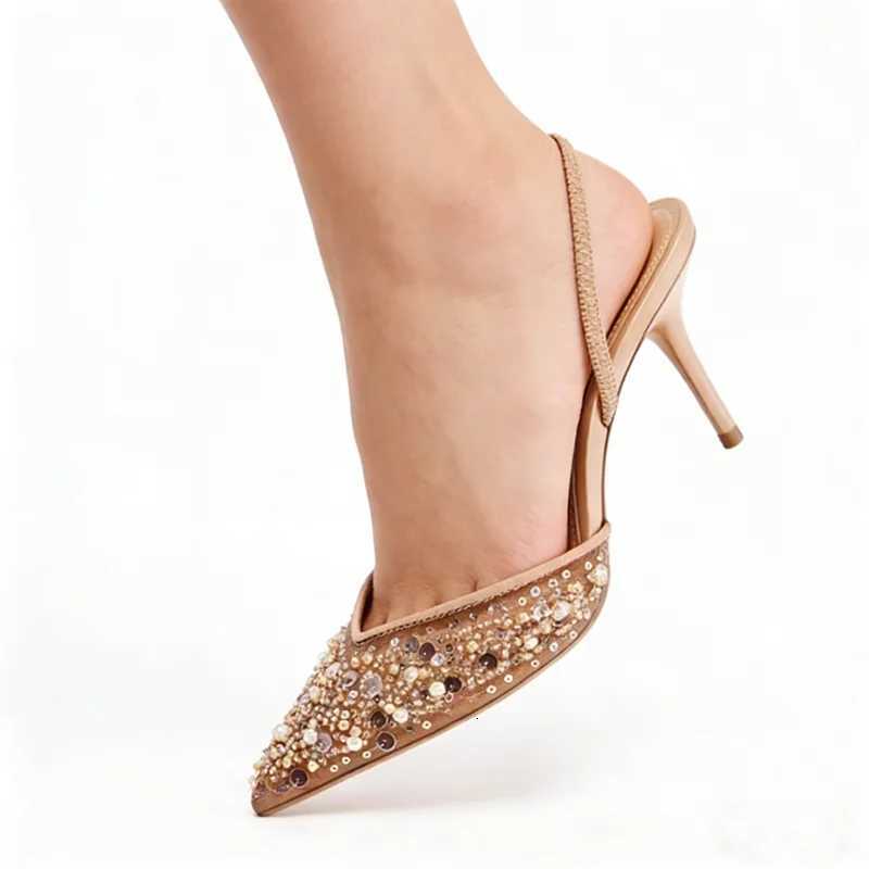 Designer Bling String Bead Mesh High Heels Women Sexy Pointy Toe Breathable Heeled Sandals Elegant Slingbacks Women Pumps C260321