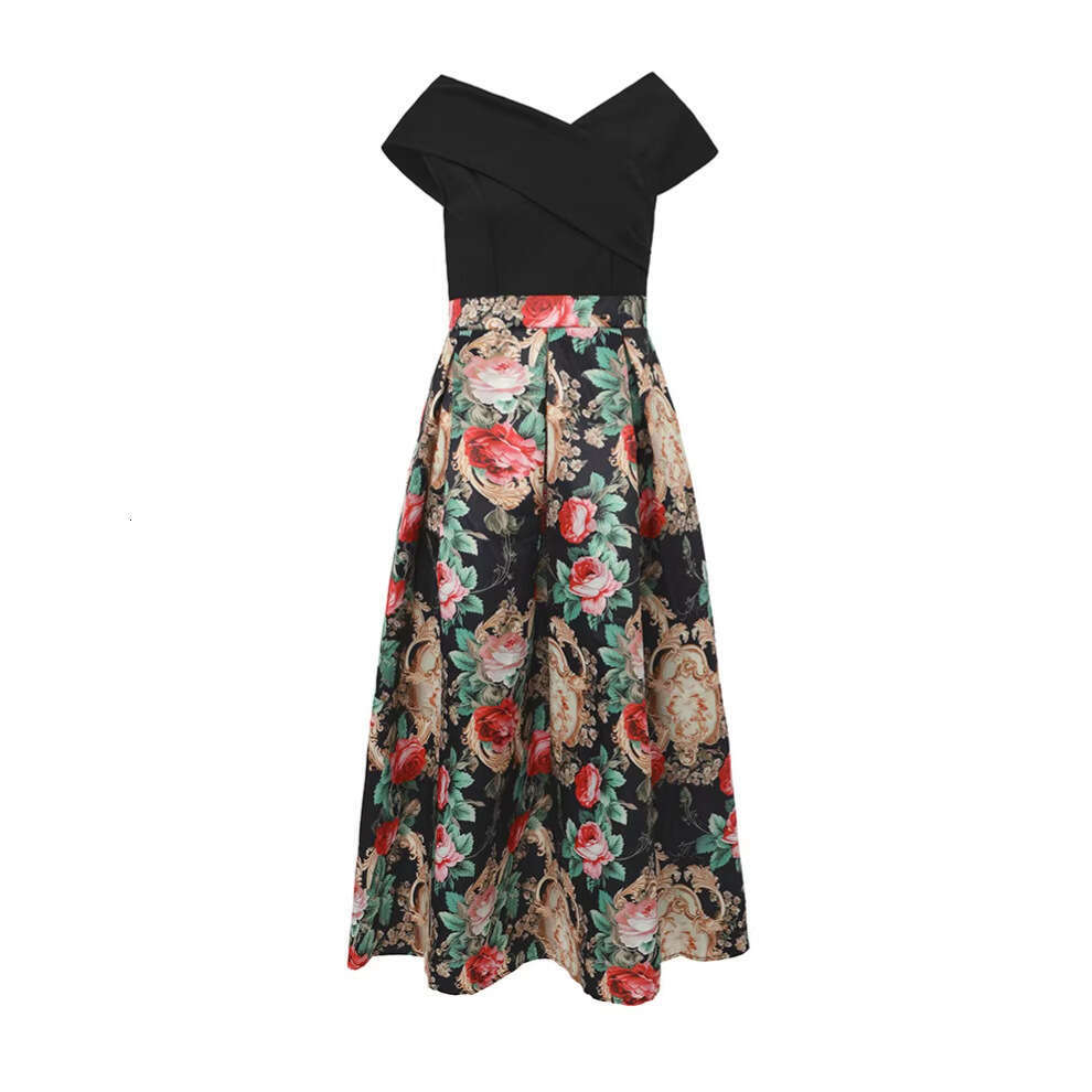 Designer women's off shoulder elegant palace style A14 fashionable dress, fashionable cross V-neck waist tied jacquard long skirt