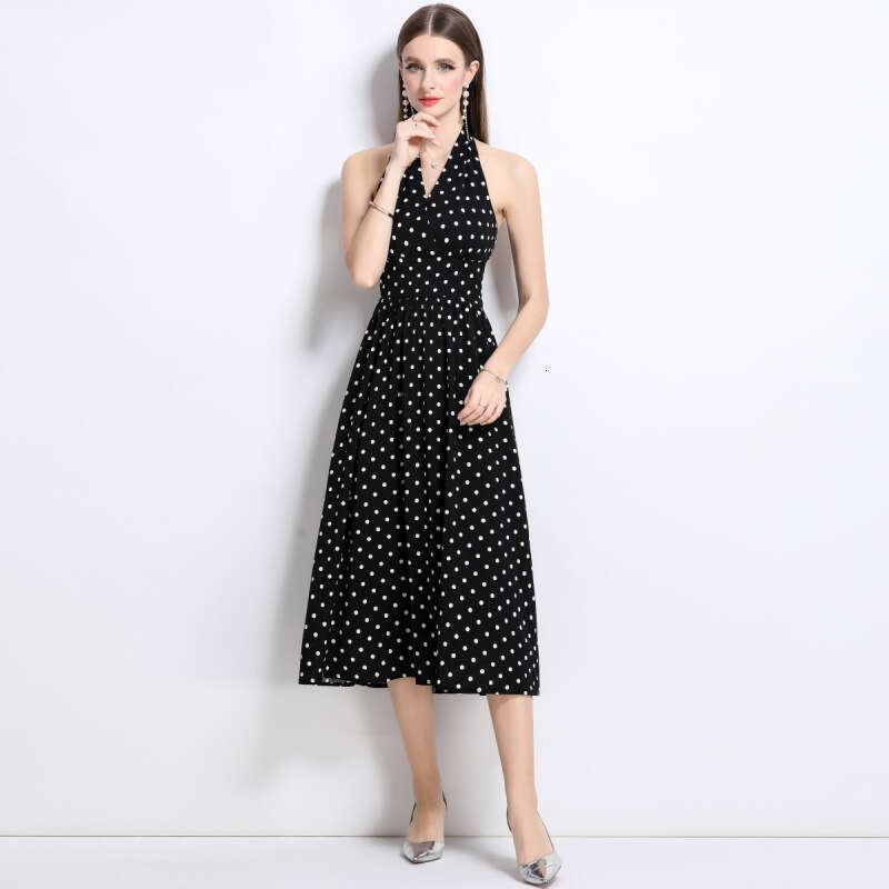 Designer French retro polka dot sleeveless dress with small open back, V-neck, off shoulder, off shoulder tea skirt for 2026 summer A14 women's w