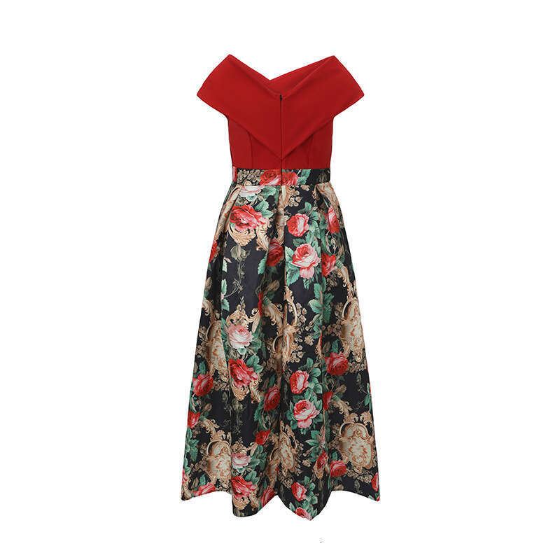 Designer women's off shoulder elegant palace style A14 fashionable dress, fashionable cross V-neck waist tied jacquard long skirt