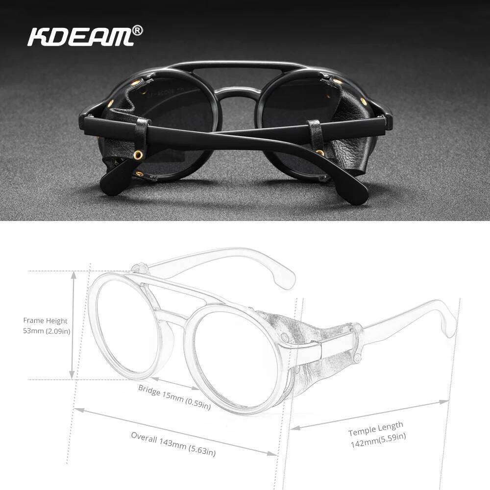 KDEAM Vintage Round Sunglasses Men Women Leather Shield Sun Glasses Twin Bridge Designed Shade KD179 26Y0321