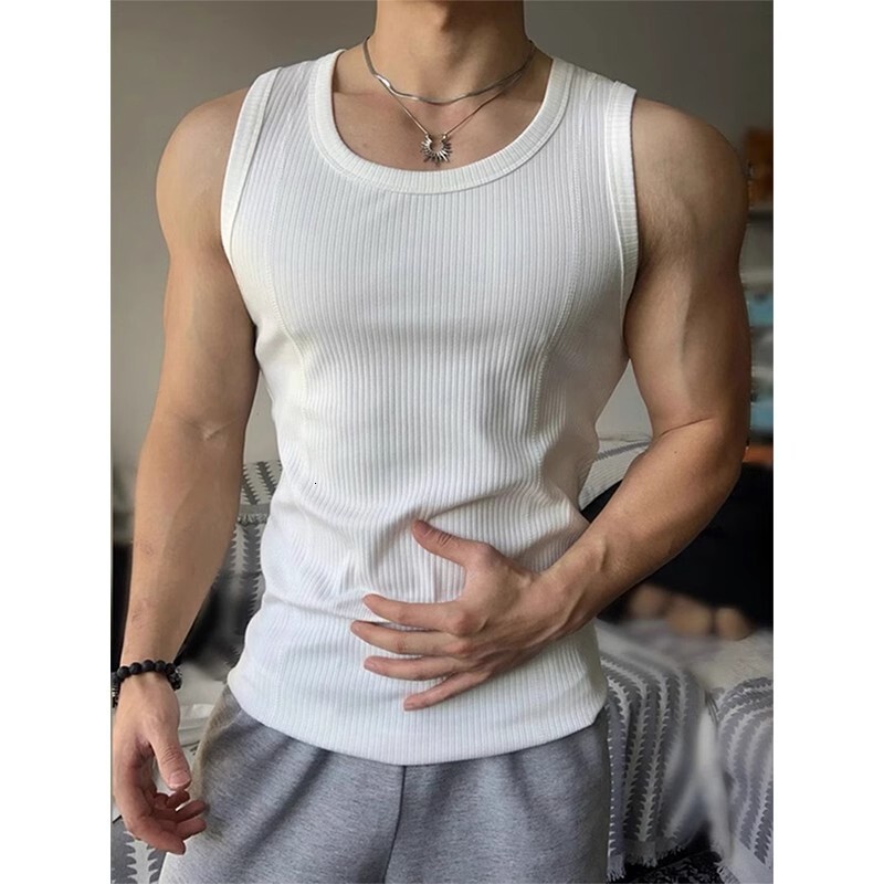 White Coarse Thread Tank Top Mens Summer Slim Fit Muscle-Enhancing Sleeveless T-Shirt American Style Fitness Sports Undershirt