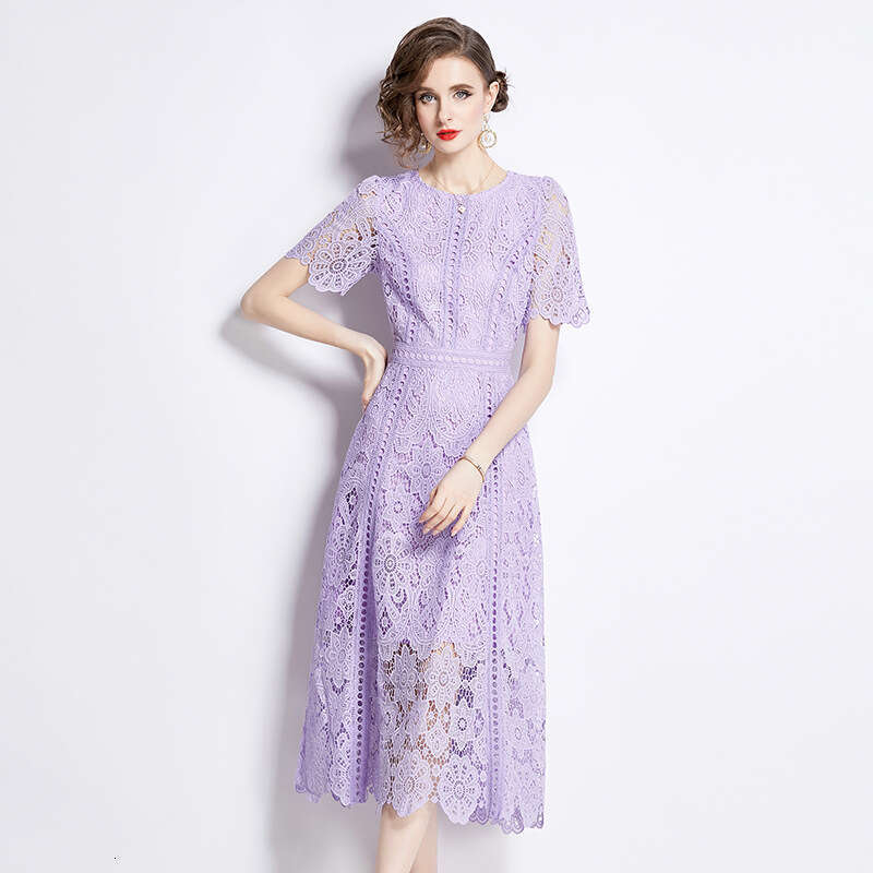 Summer new women's short sleeved lace dress, mid to long hook shaped hollow B15 out purple high waisted A-line dress, 2026