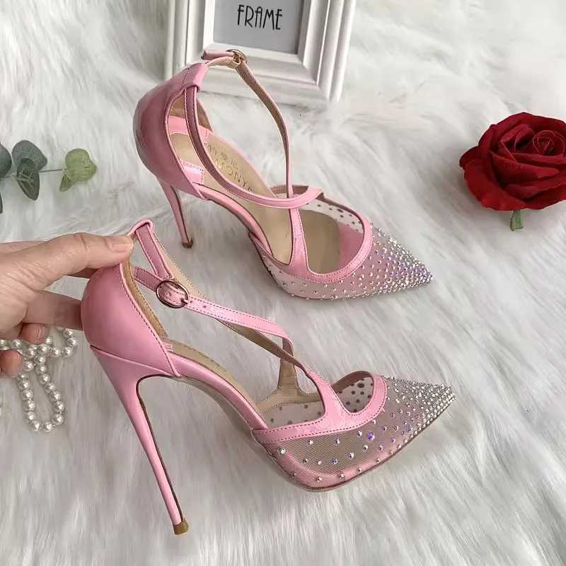 Summer pointed shallow mesh rhinestone sequins thin belt single shoes thin high-heeled dress large size small size women sandals C260321