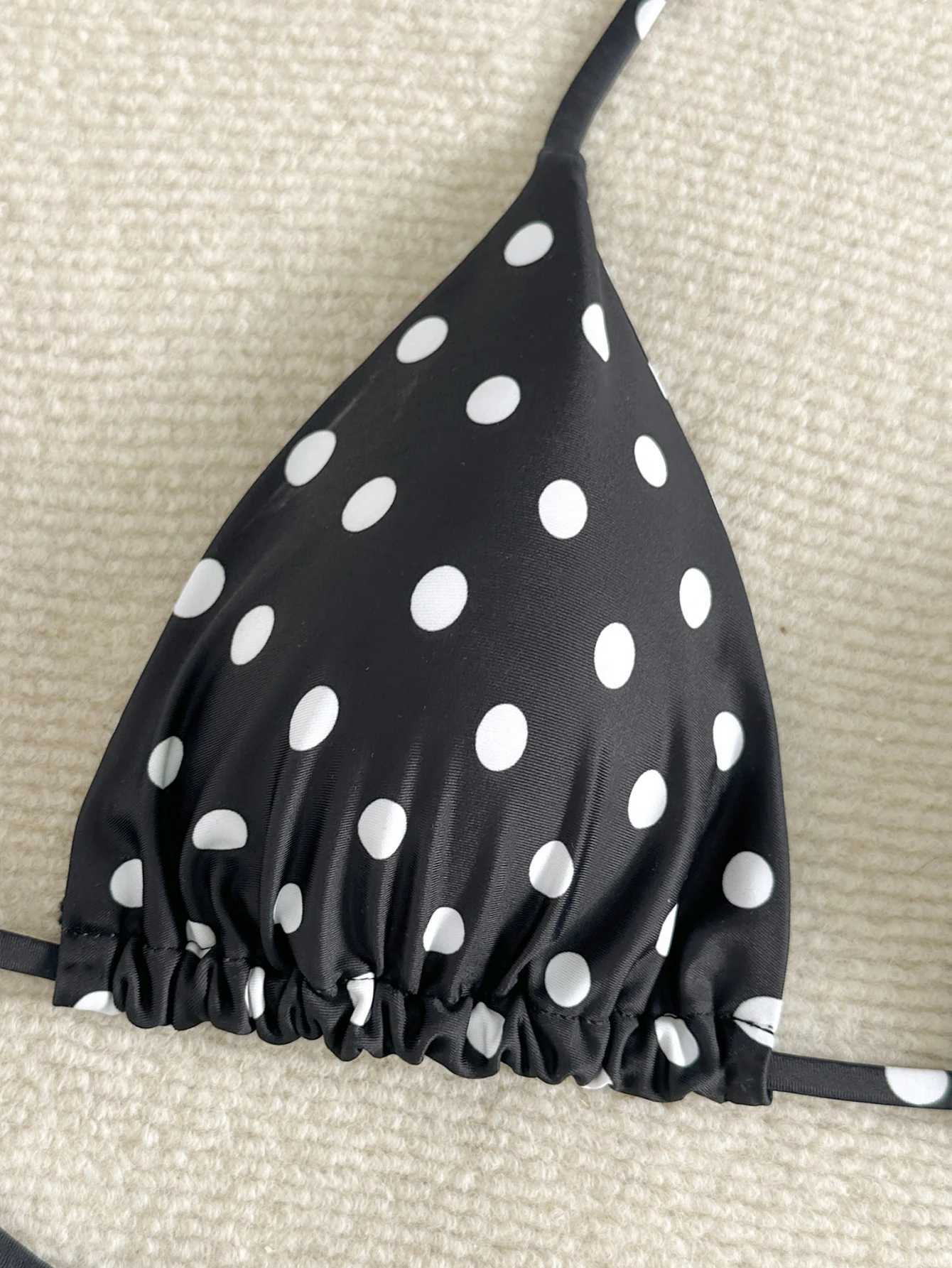Womens Swimsuit Set Bikini Two-Piece Swimsuit Beach Vacation Swimwear Black and White Polka Dot Print Tie-Up Triangle Bottoms Halter Neck Triangle Bag