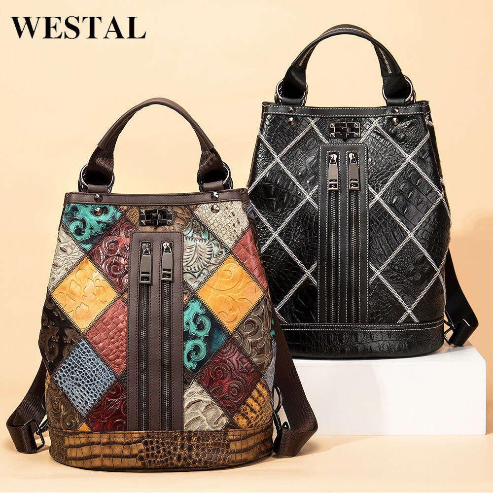 Chinese National Style Vintage Women Leather Backpack Large Capacity Cowhide Patchwork Bucket Bag Fashion Travel Backpack Wholesale SENYY
