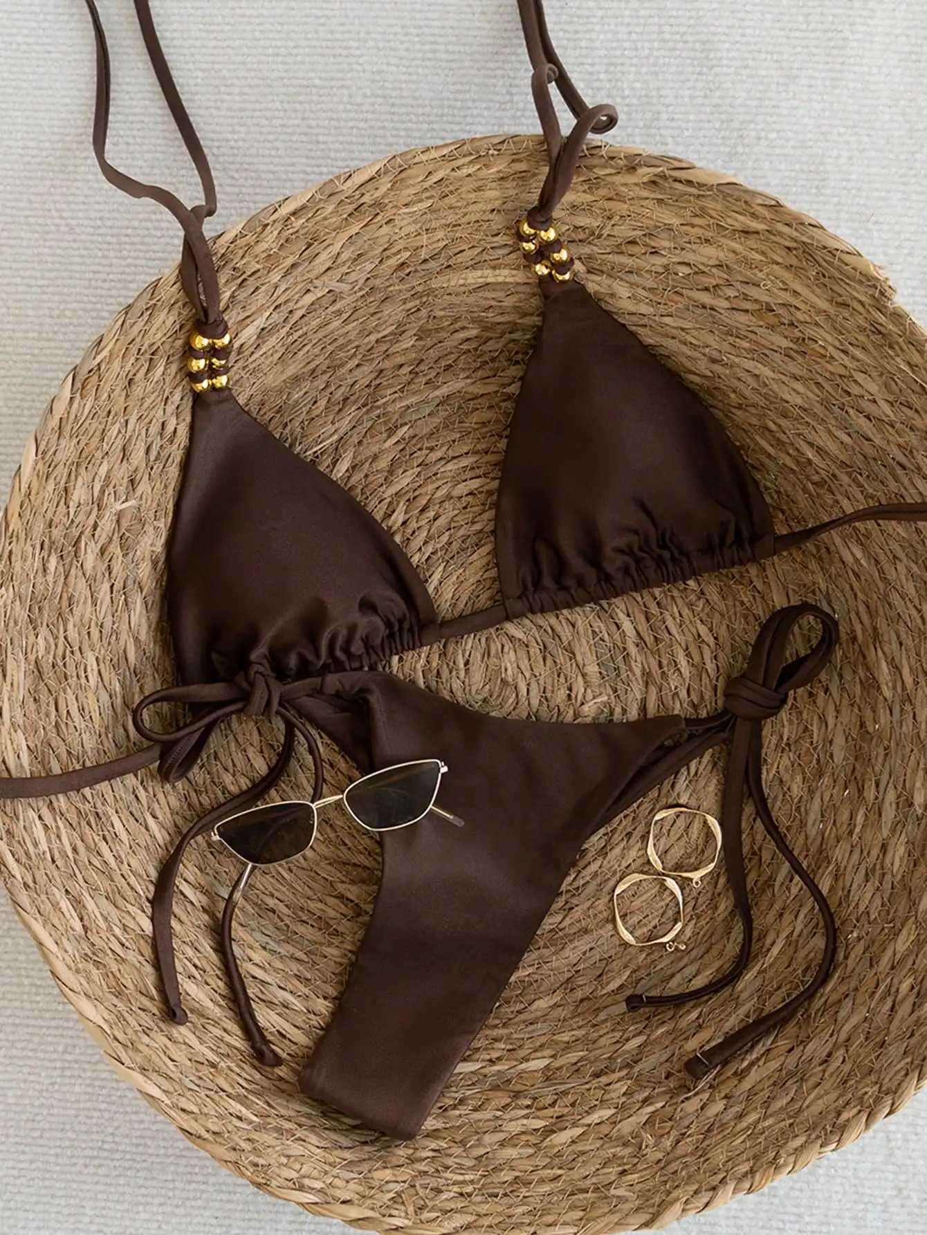 Brown Elegance - Metal Beaded Triangle Bikini Swimsuit M260321