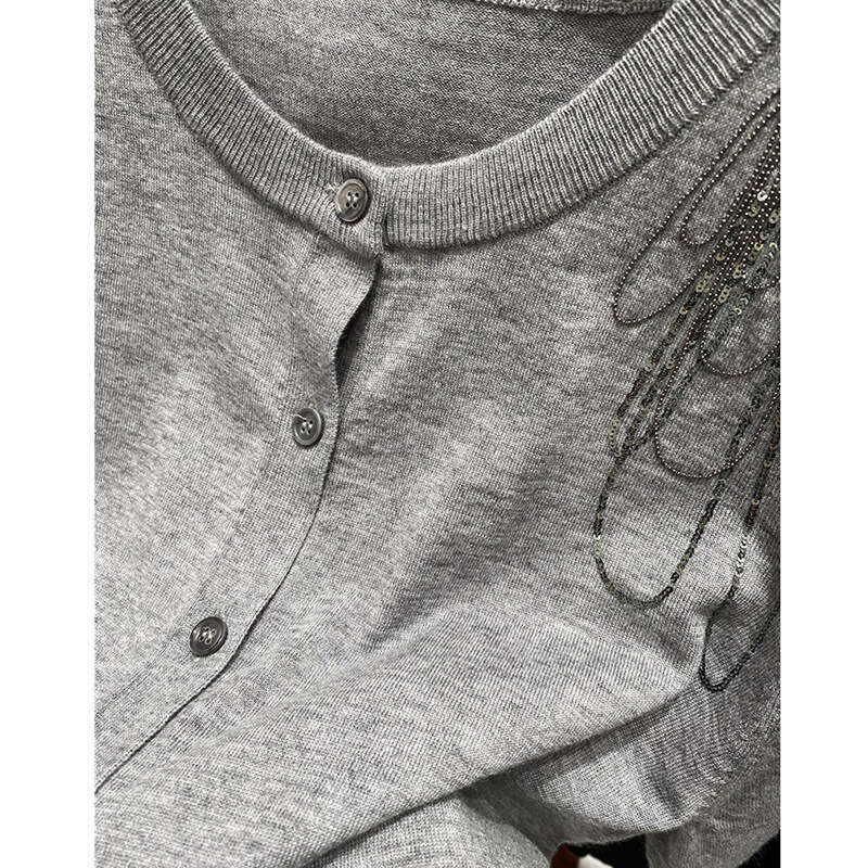2026 designer shoulder bead chain embroidered round neck S6 long sleeved knitted women's spring and autumn cardigan wool sweater