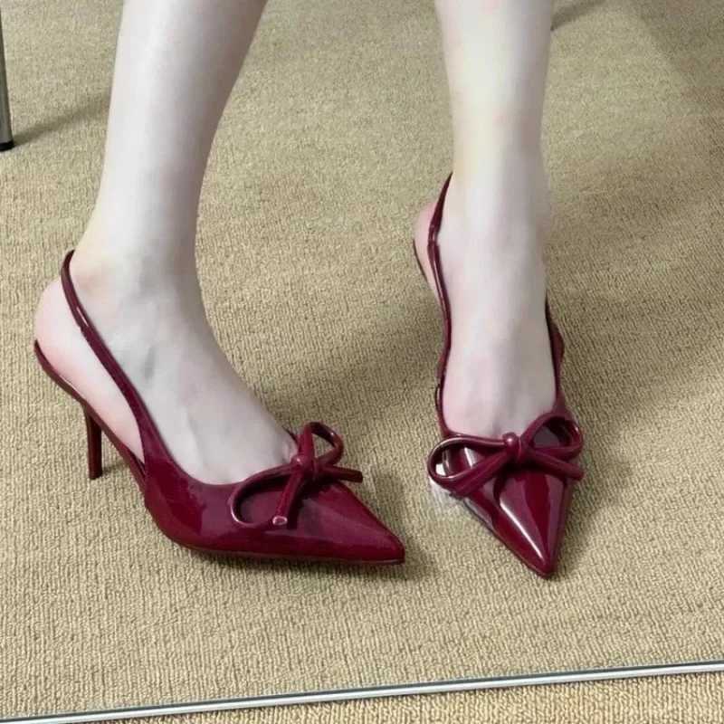 2025 New Womens Wine Red Sexy Bow Tie High-heeled Shoes French Pointed Patent Leather Shallow Mouth High-heeled Sandals C260321