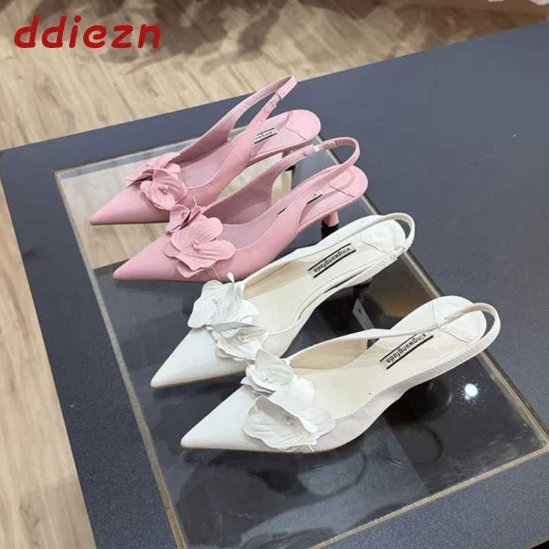Pink Fashion Sexy Flower Female Pointed Toe Thin Low Heel Pumps Women Elegant Wedding Slingbacks Mules Ladies Heeled Shoes C260321