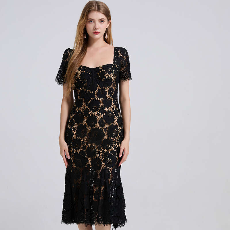 Designer French court style high-end k30 blue lace dress, sexy square neck fishtail long skirt, new women's model