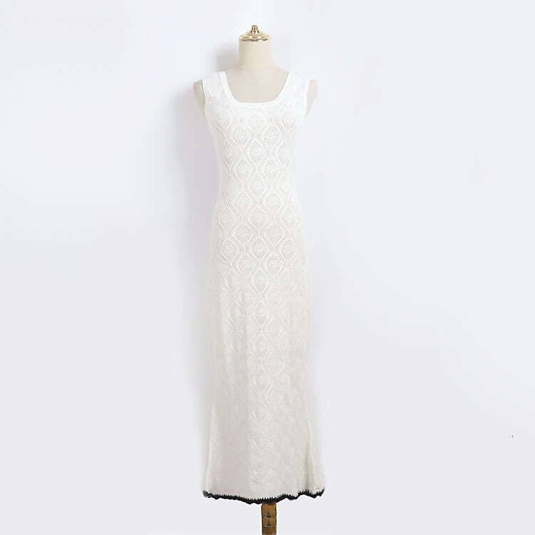 Summer Designer Fashionable Sleeveless Knitted Collar Diamond Jacquard Wave Edge Hem Dress for Date k30 and Vacation Slimming
