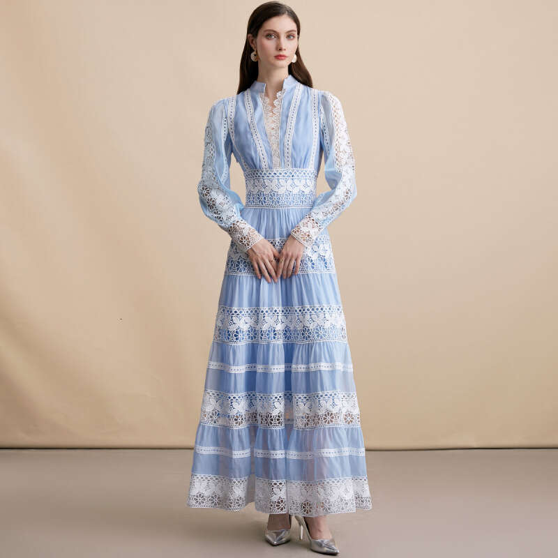 New B15 autumn and winter French long women's lace trimmed V-neck design lantern sleeves slim fit dress 2026