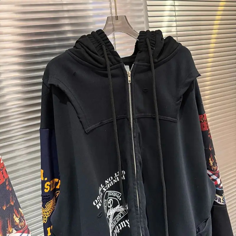 Black Grey Fashion Streetwear Eagle Protocol index Hoodies Men Woman Vintage Damaged Hole Old Sweatshirts Good Quality 260318