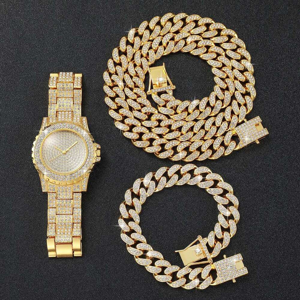 3 Pcs/Set Luxury Full Diamond Watches Gold Steel Band Analog Quartz Necklace Bracelet Set Men's Watch