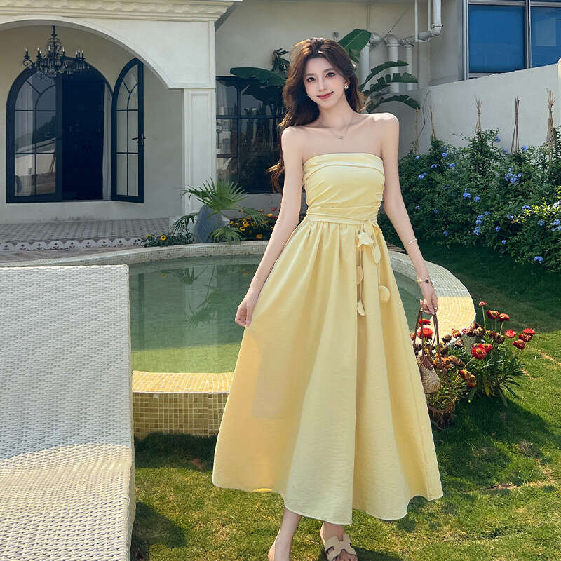 2026 A13 new designer French elegant waistband design slim fit niche long holiday style strapless dress
