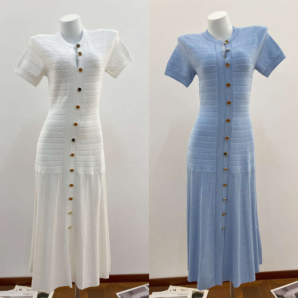 2026 Spring New French Heavy duty Craft Hollow Crochet Single breasted Elegant Slimming Wrinkle Long Knitted Dress