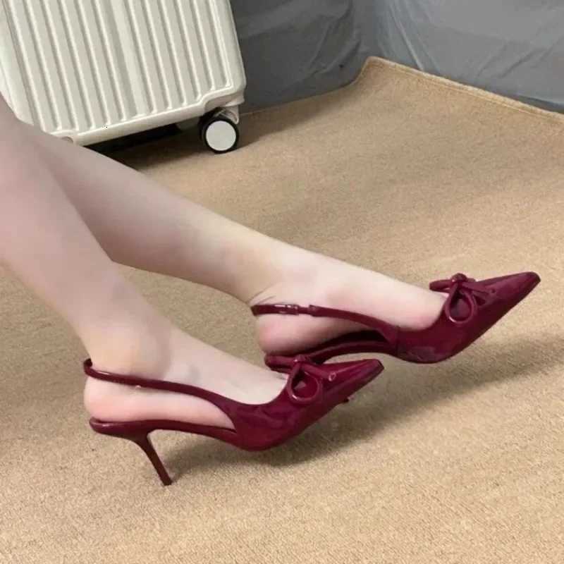 2025 New Womens Wine Red Sexy Bow Tie High-heeled Shoes French Pointed Patent Leather Shallow Mouth High-heeled Sandals C260321