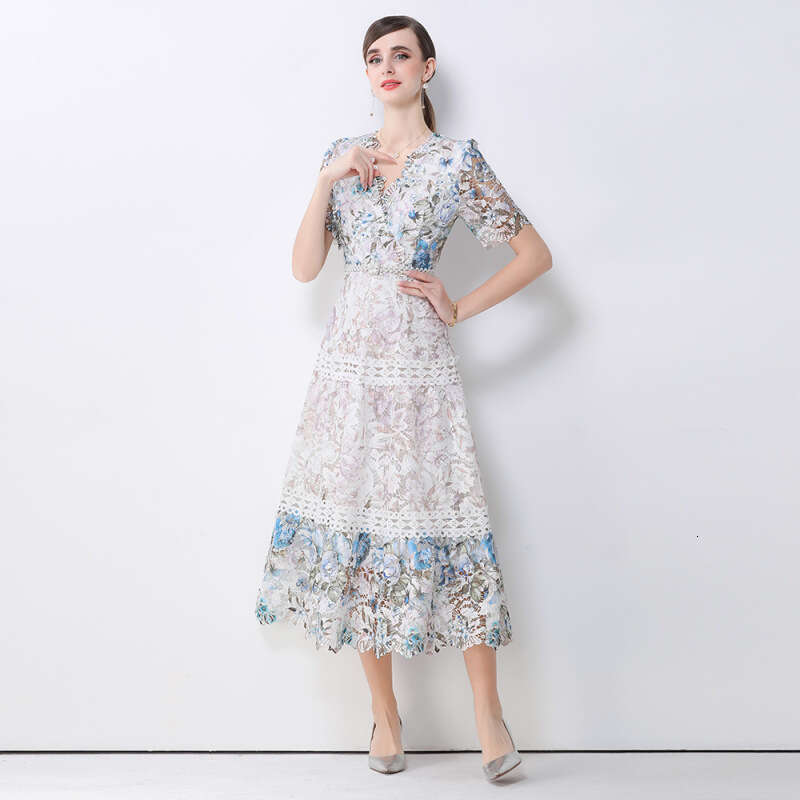 Designer French retro style elegant high-end exquisite hollow out water-soluble lace A14 waist cinching slimming fashionable long skirt
