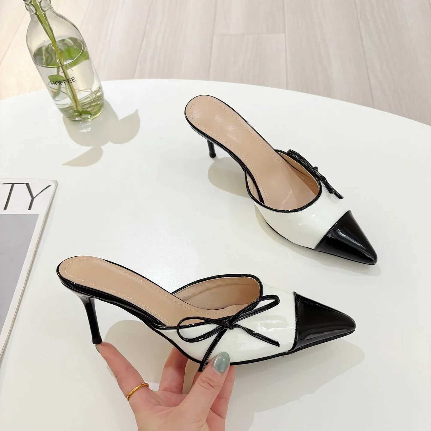 2025 New High-heeled 7CM Sandals for Women Color Blocked Butterfly Bow Pointed Plus Size Womens Shoes C260321