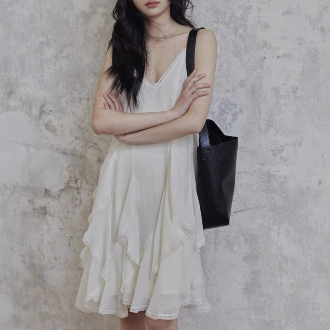 Designer Dress With Irregular Drape Chiffon Lace V-neck Suspender Dress Women's Spring New Style