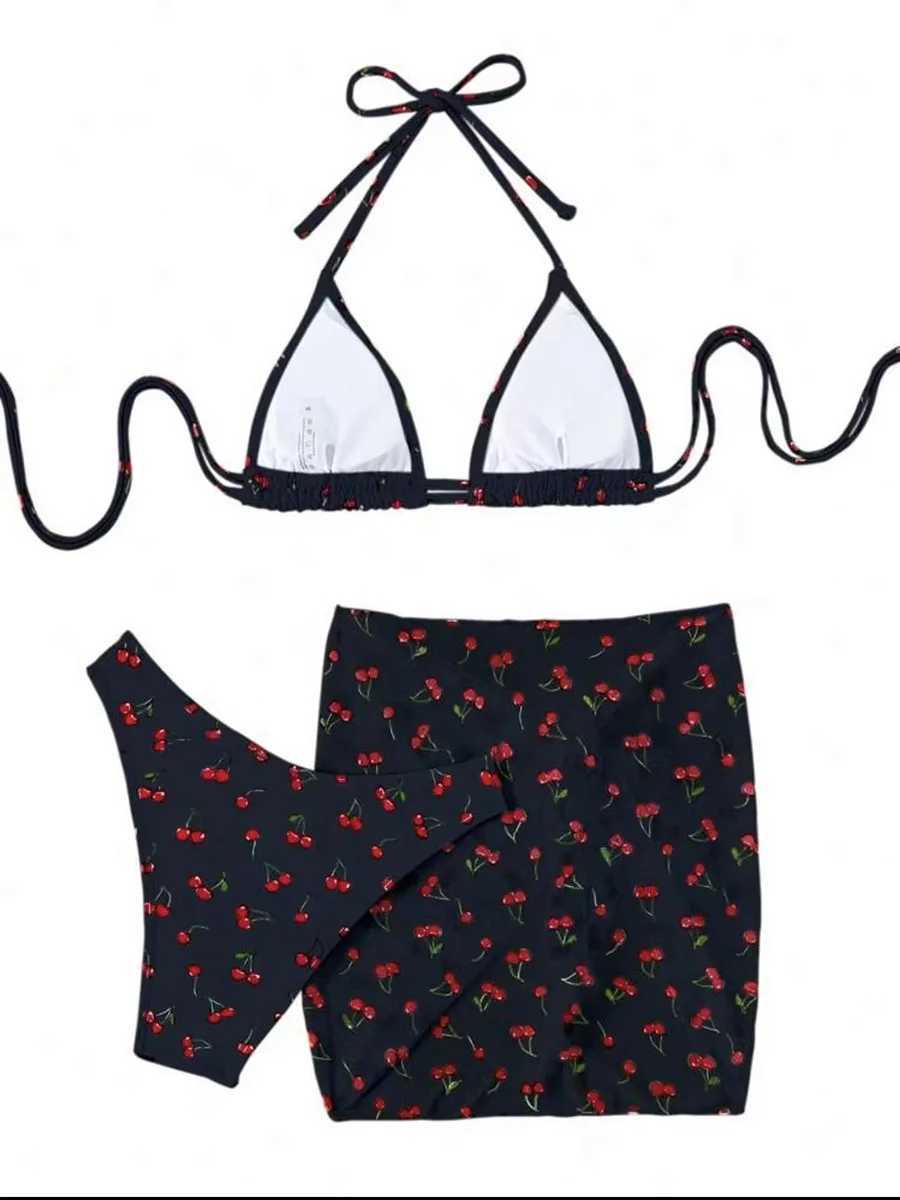 With Mesh Skirt Cherry Printed Bikini Female Swimsuit Women Swimwear Three Pieces Bikini Set Halter Bathing Suit Swim Beachwear M260321