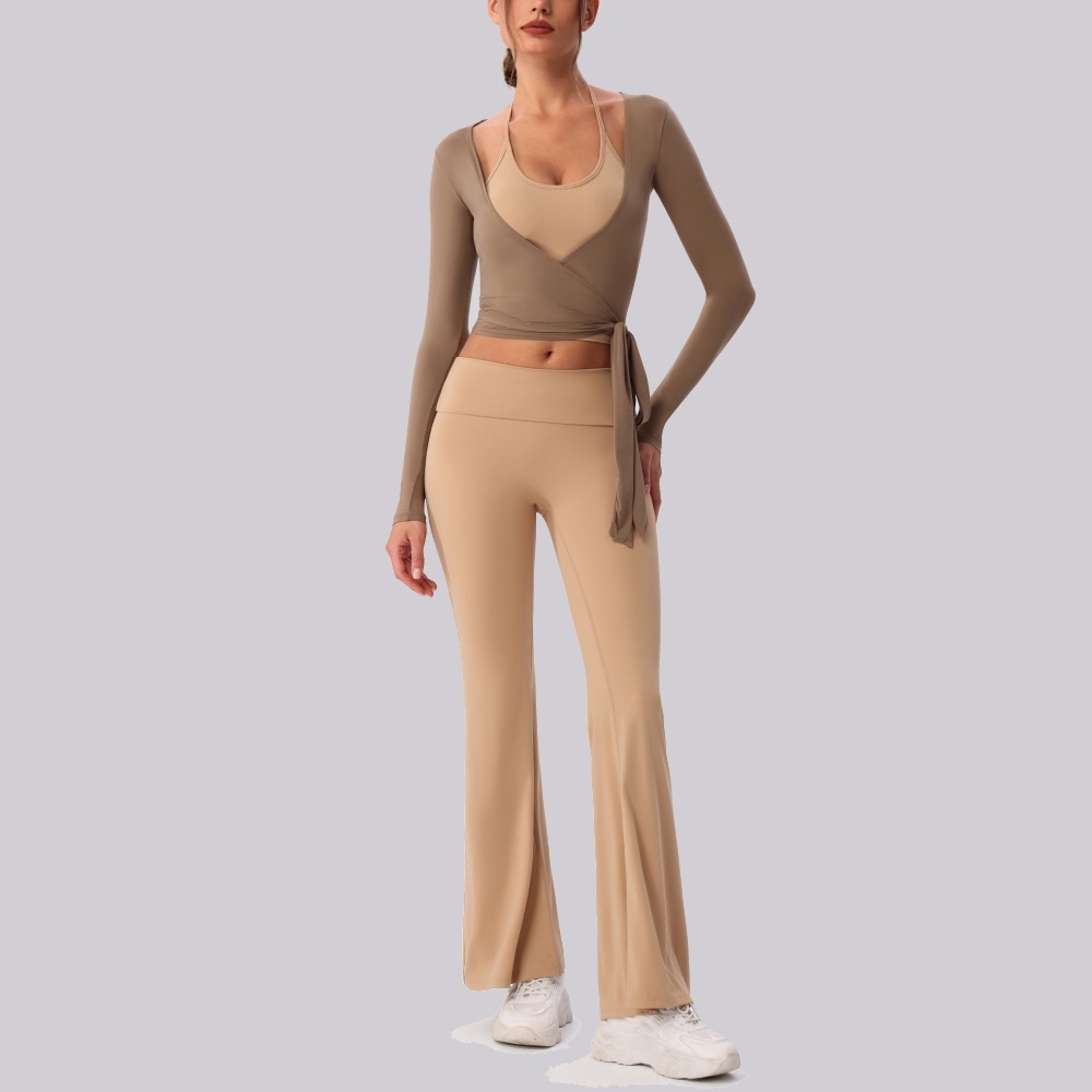 YW600 Women's Two Piece Yoga Set Long Sleeve Wrap Crop Top Halter Sports Bra Flared Suit Leggings Workout Outfit