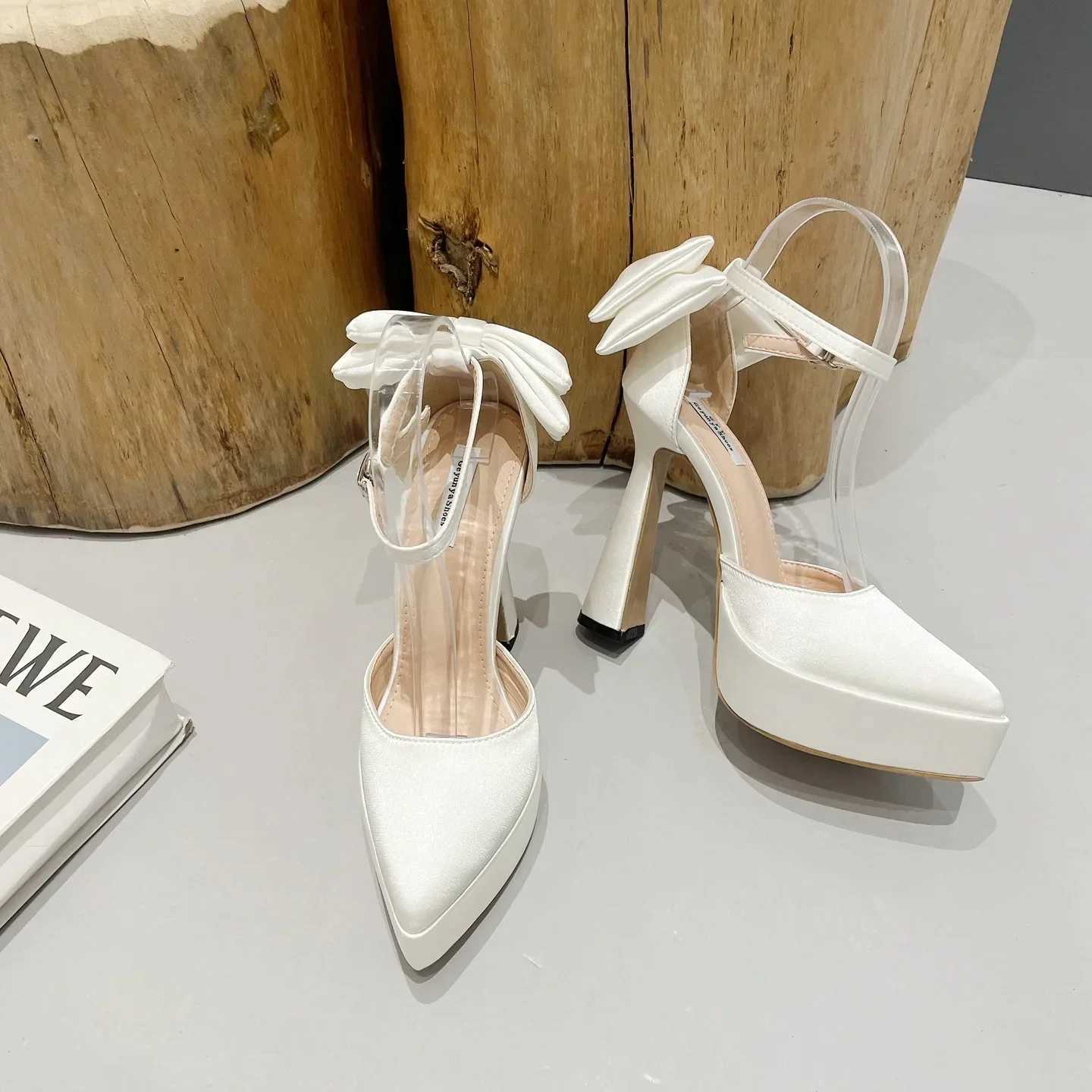 High Heels Women Summer New Fashion Satin Face High Heel Sandals Bow One Word Pointed Toe Thick Heel Womens Shoes C260321