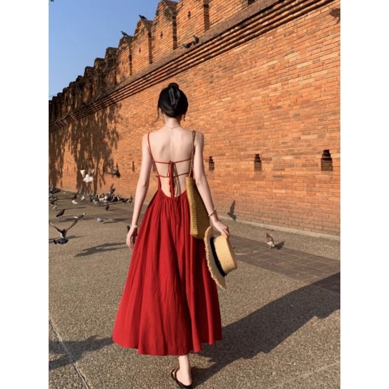 Vacation Red Backless Strap Dress For Women Suitable For Beach Travel Designer Dress High-end Long Dress For Photoshoots In Summer