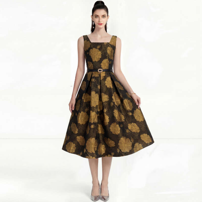 Designer French style 2026 k30 high-end jacquard sleeveless vest with large hem A-line skirt