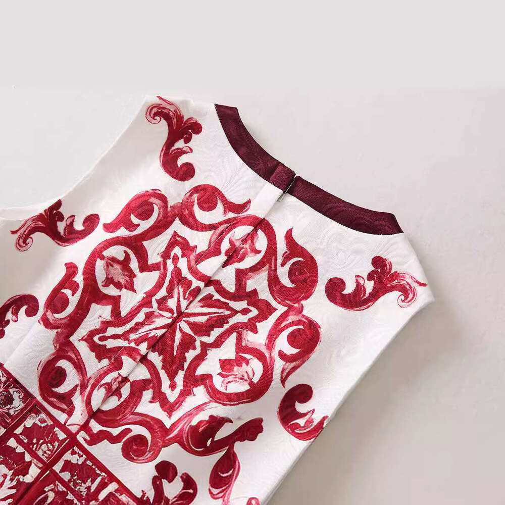 European and American new designer high-quality jacquard cotton red flower porcelain printed vest A13 A-line skirt women's clothing