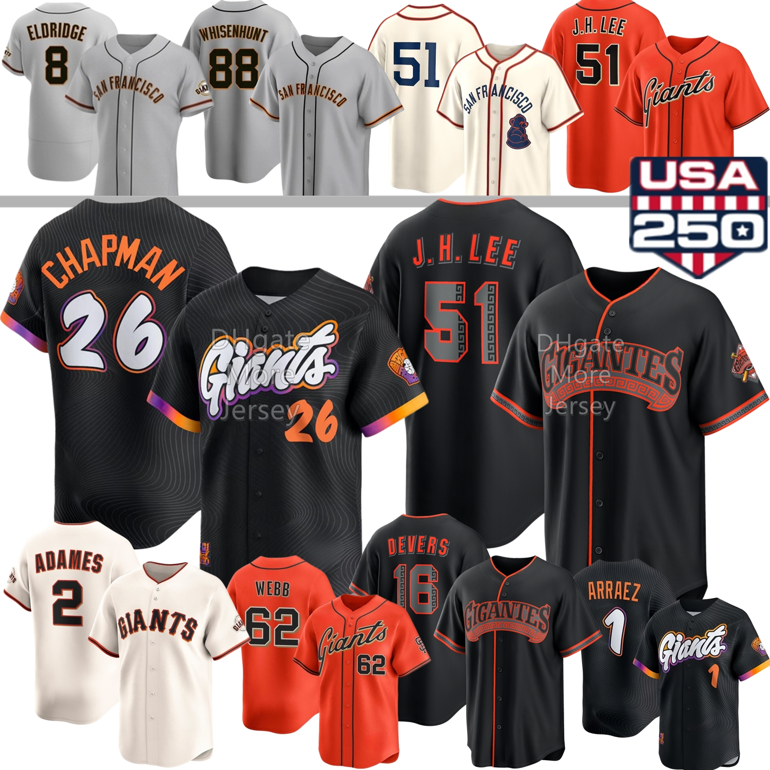 San Francisco GiantsS Jersey J. H. Lee Rafael Devers Bryce Eldridge Matt Chapman Luis Arraez Logan Webb Mays Bonds Adames Whisenhunt Bader Cartaya Bailey Gilbert Youth