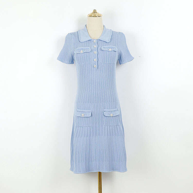 2026 summer new designer sequin k30 ribbed elastic waist doll collar knitted dress short sleeved