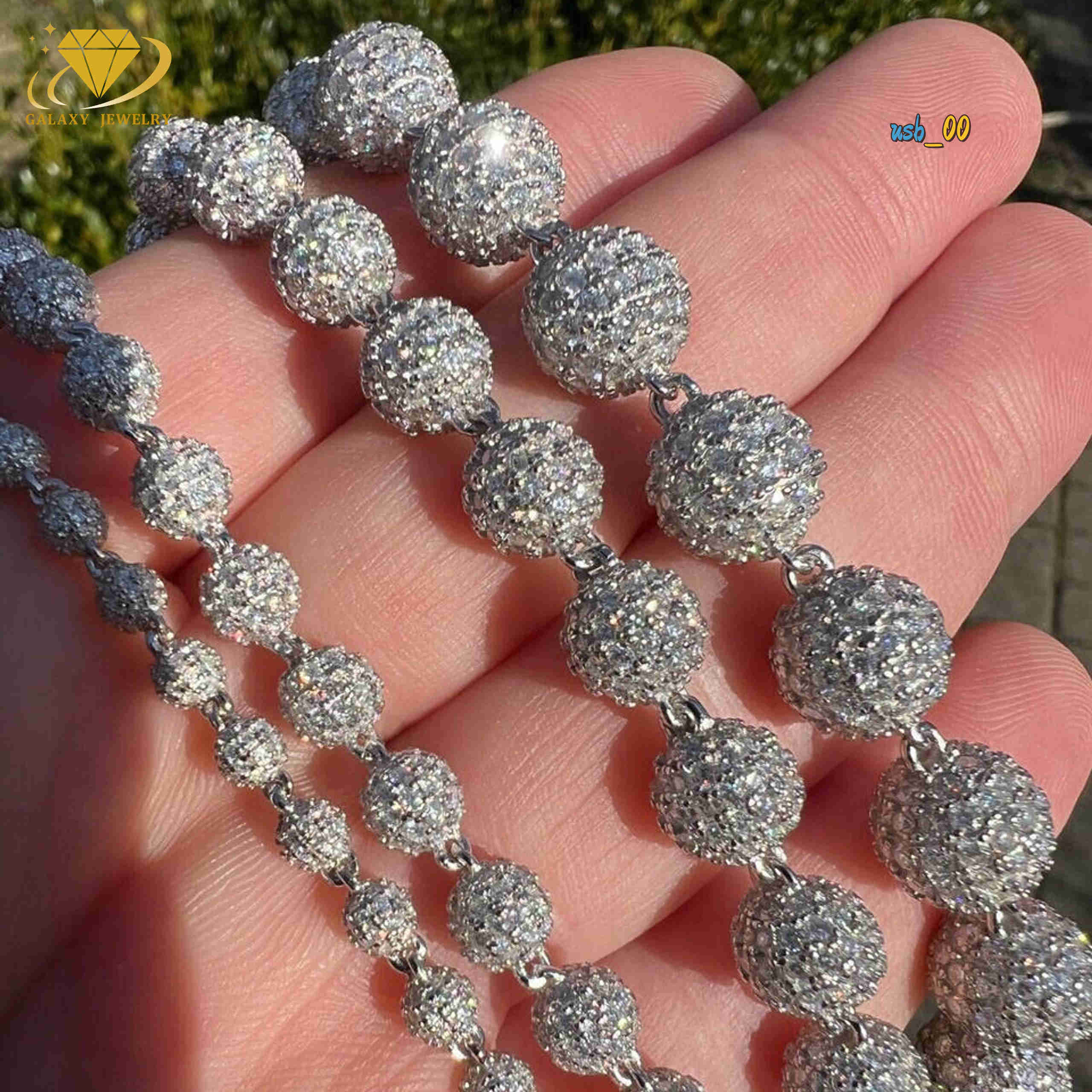 Full Iced Out Round VVS Moissanite Diamond Beads Bracelet Necklace Hip Hop 925 Silver 4mm to 10mm Beaded Cuban Link Chain