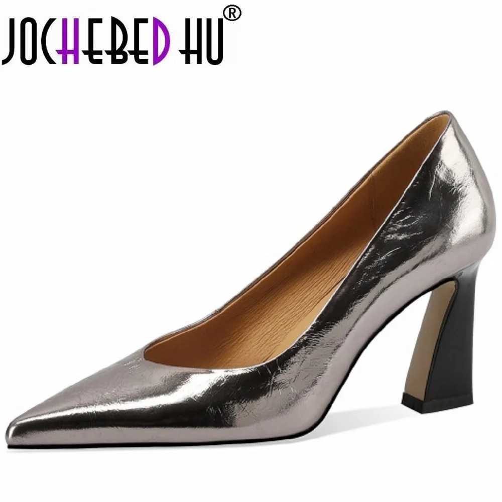 JOCHEBED HUNew Handmade Genuine Leather Pointed Toe Thick High Heels Grace Wedding Mature Slip on Comfortable Shoes 33-43 C260321