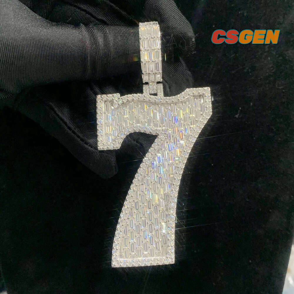 Hiphop Iced Out VVS Baguette Necklace 2.5In 7 Bling Rapper Moissanite Number Initial Pendant