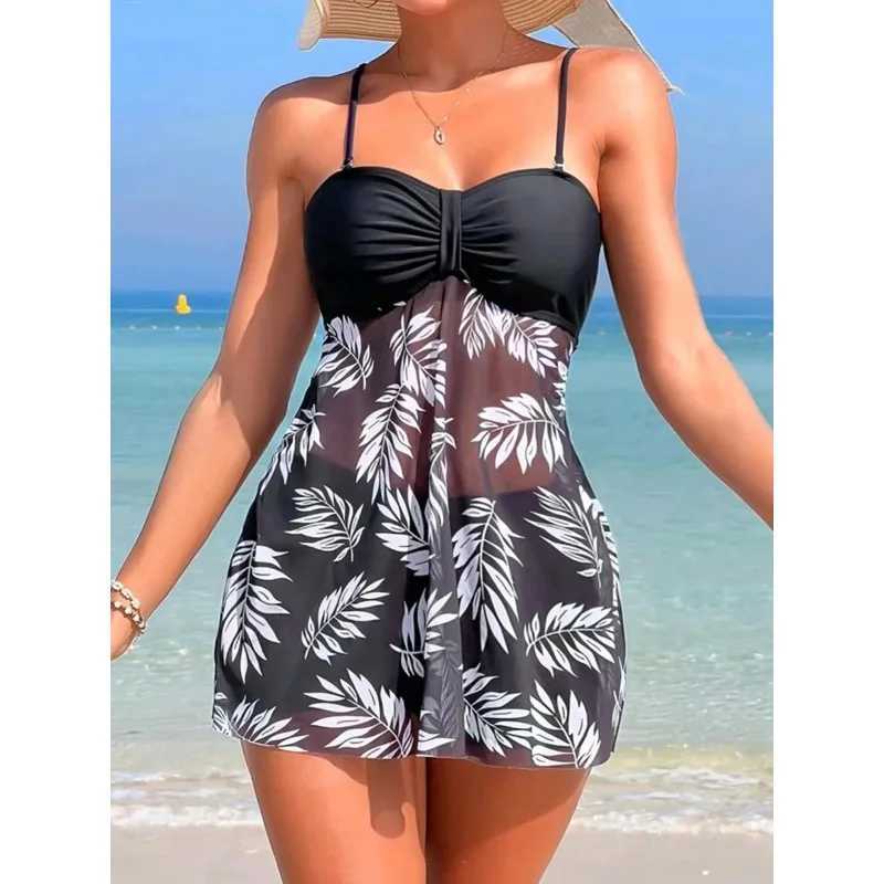 2024 Short Dress Tankini with Shorts Swimsuit Women Swimwear Female Padded Printed Bathing Swim Suit Swimming Beachwear Summer M260321