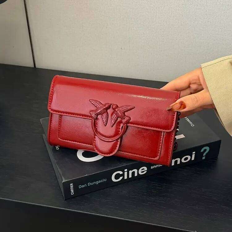 2026 New Women Swallow Design Oiled Leather Phone Crossbody Bag, Chain Strap Small Square Shoulder Purse, Vintage Chic