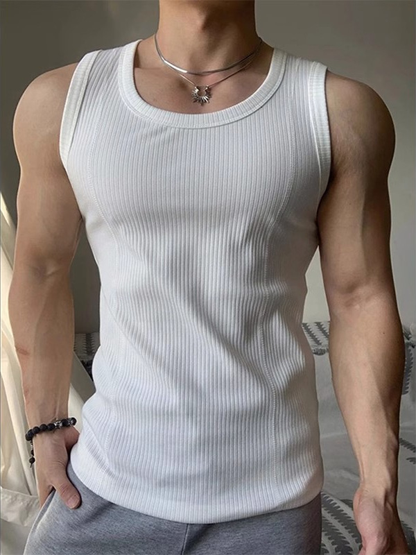 White Coarse Thread Tank Top Mens Summer Slim Fit Muscle-Enhancing Sleeveless T-Shirt American Style Fitness Sports Undershirt